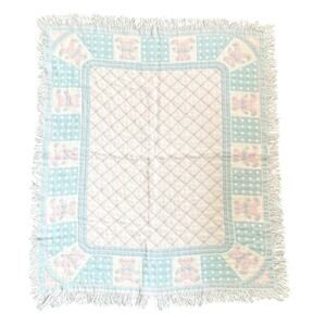 Vintage Baby Blue Pink Bears Bow Reversible Fringe Trim Tapestry Blanket 34"x42"